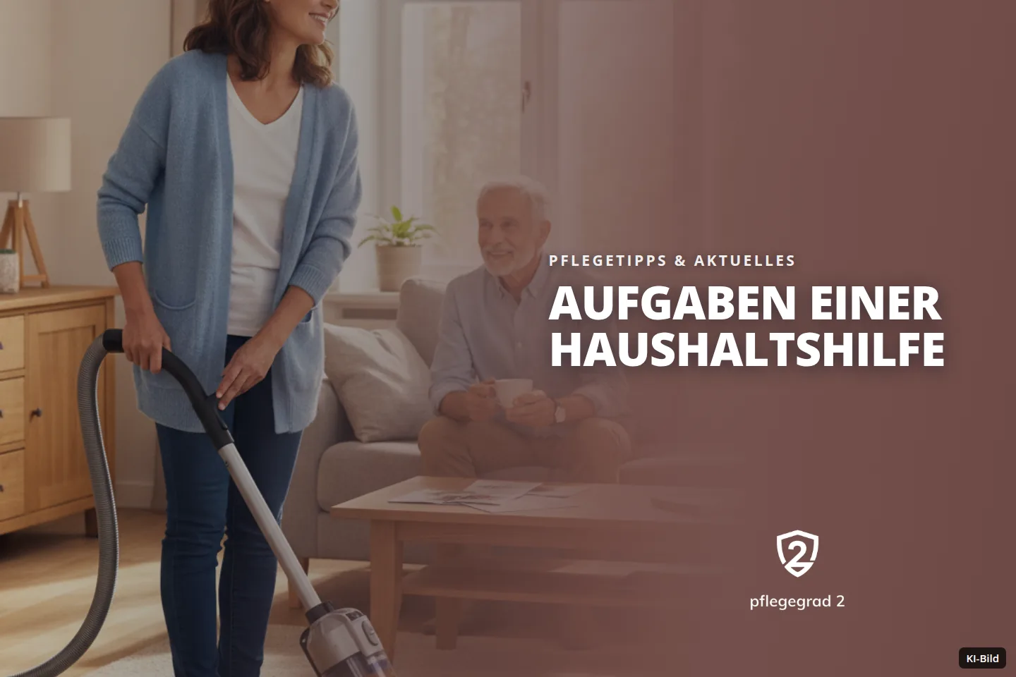 Eine Frau saugt in einem Wohnzimmer, während ein Mann auf dem Sofa sitzt.