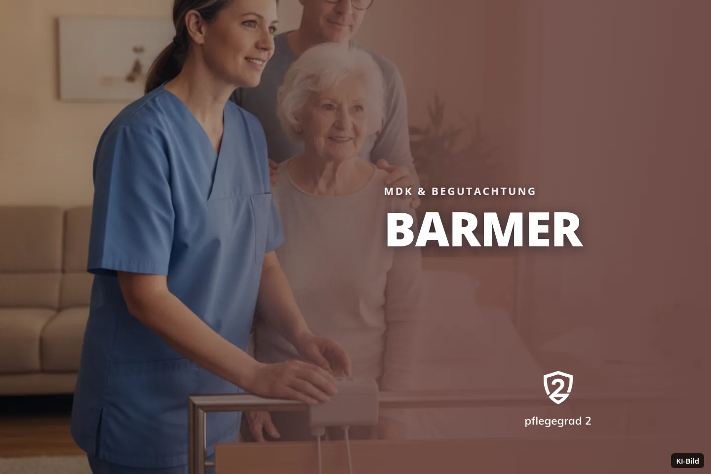 Eine Krankenschwester bedient eine Bettsteuerung, während eine ältere Frau und ein Mann daneben stehen.