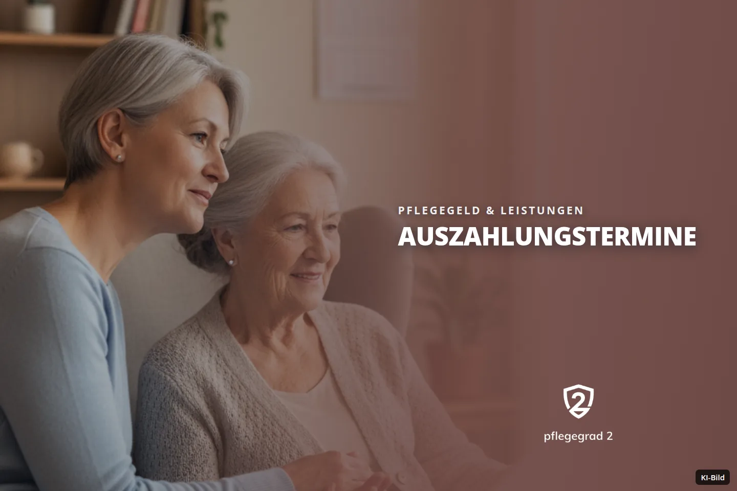 Zwei Frauen mit grauem Haar sitzen lächelnd im Wohnzimmer und halten Hände.