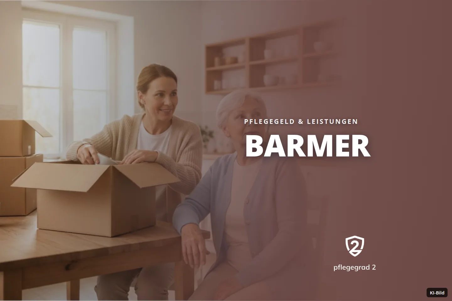 Zwei Frauen packen in einer Küche Kartons aus, während die ältere Frau daneben sitzt.