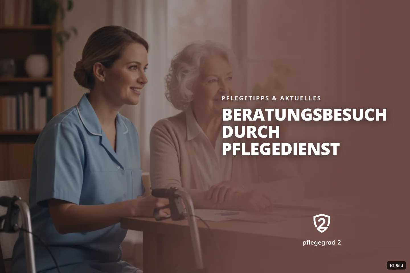 Eine Pflegerin und eine ältere Frau sitzen lächelnd an einem Tisch mit Dokumenten in einem Zimmer.