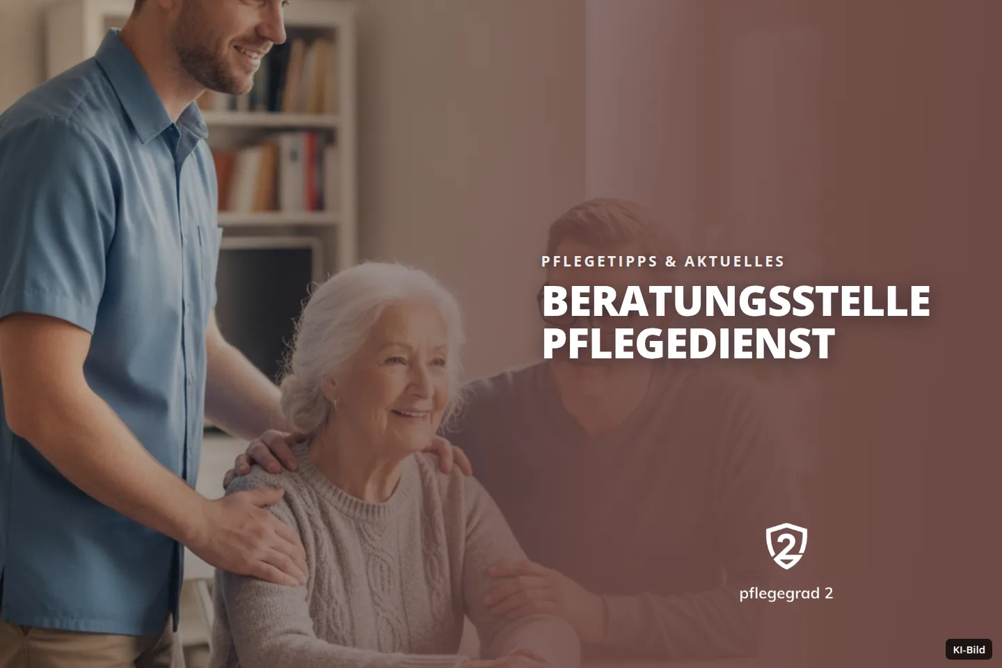 Eine ältere Frau wird von zwei Männern an einem Tisch mit Dokumenten und Laptop unterstützt.