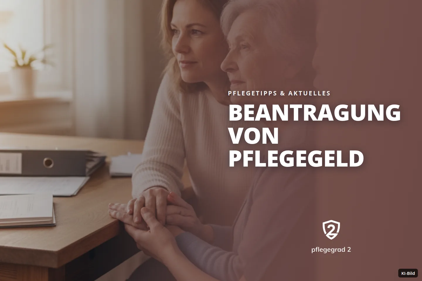 Zwei Frauen sitzen an einem Tisch, halten Hände und blicken nach vorne.