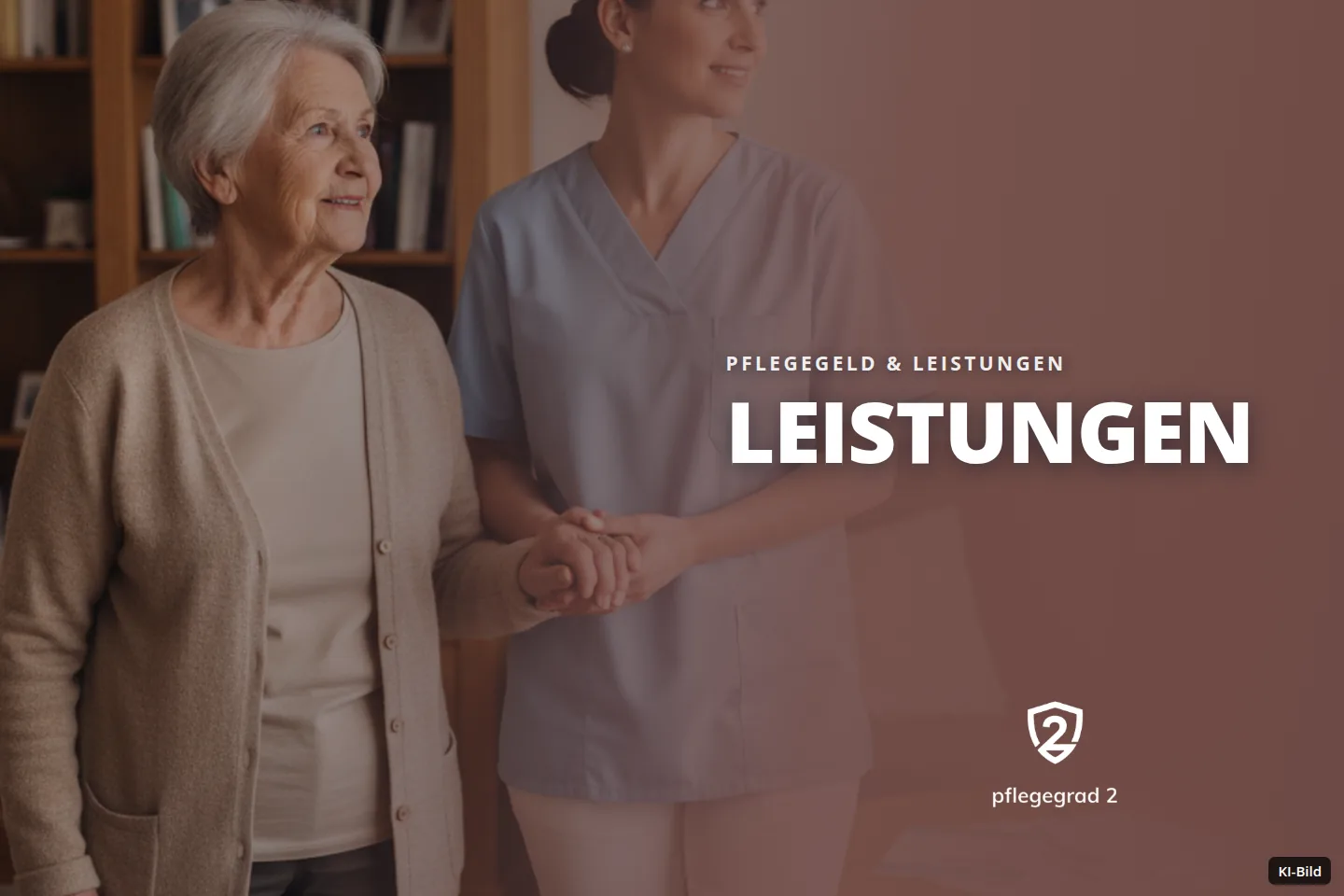 Eine Pflegekraft begleitet eine ältere Frau händchenhaltend in einem Wohnzimmer.