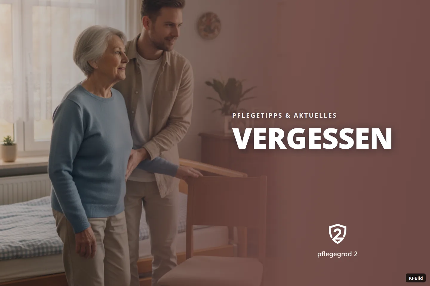 Ein junger Mann unterstützt eine ältere Frau beim Stehen in einem Schlafzimmer.