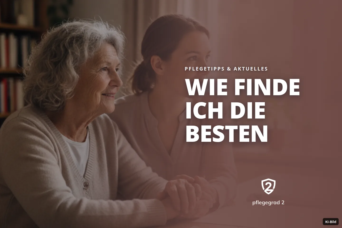 Ältere und jüngere Frau sitzen am Tisch, halten Hände und blicken aus dem Fenster.