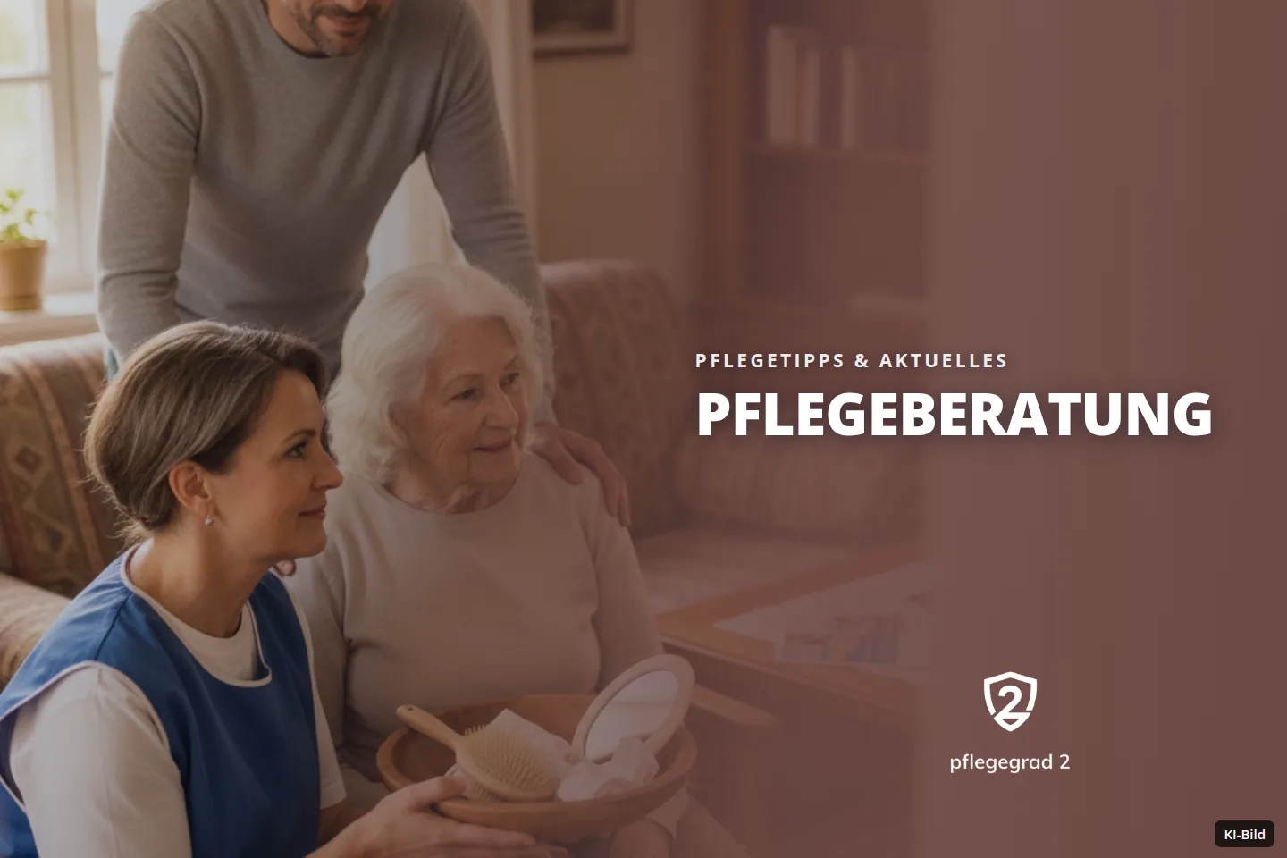 Pflegekraft reicht älterer Frau im Wohnzimmer Pflegeutensilien, Mann steht unterstützend dabei.