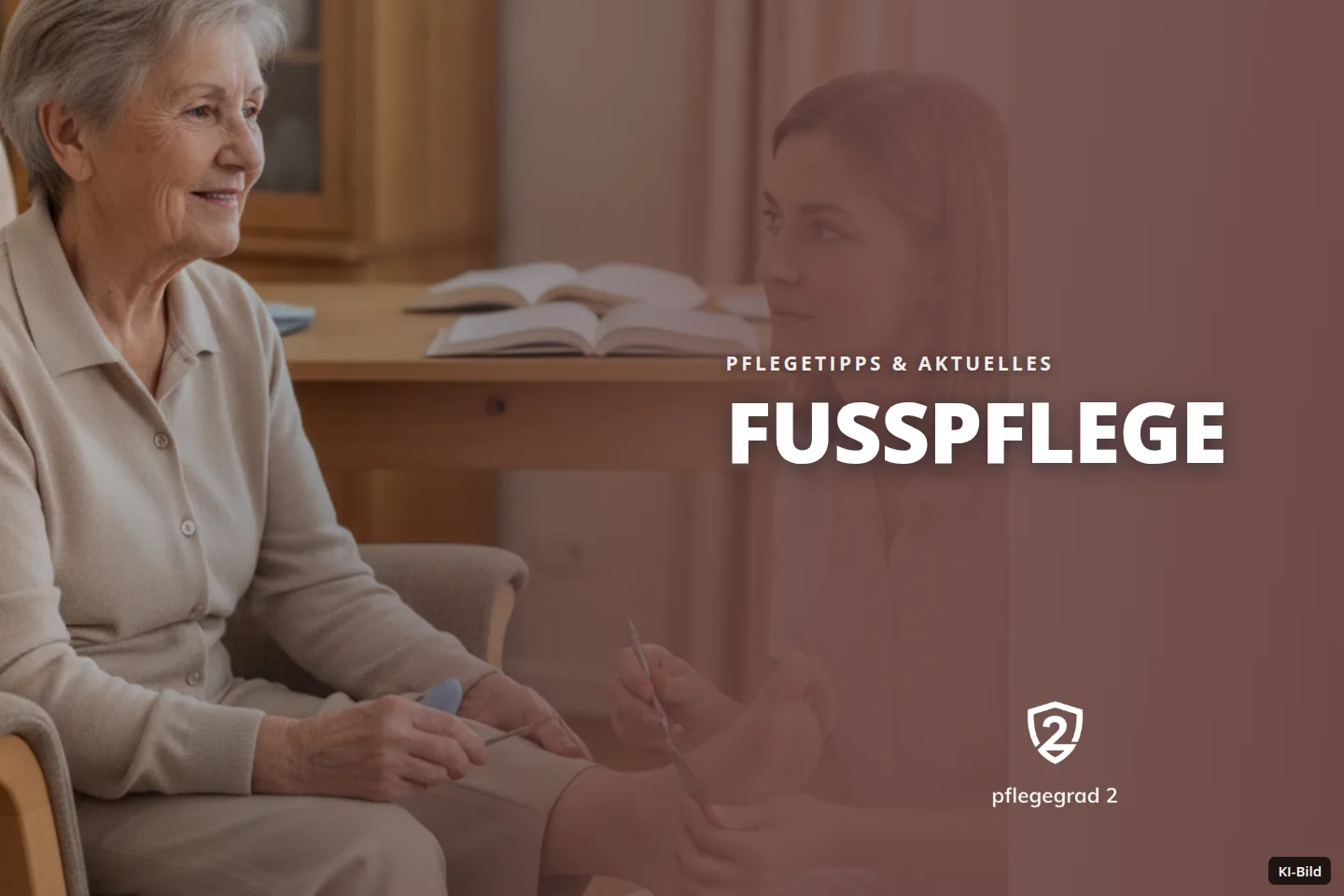 Eine Pflegerin behandelt den Fuß einer Seniorin, die im Sessel sitzt, in einem Wohnraum.