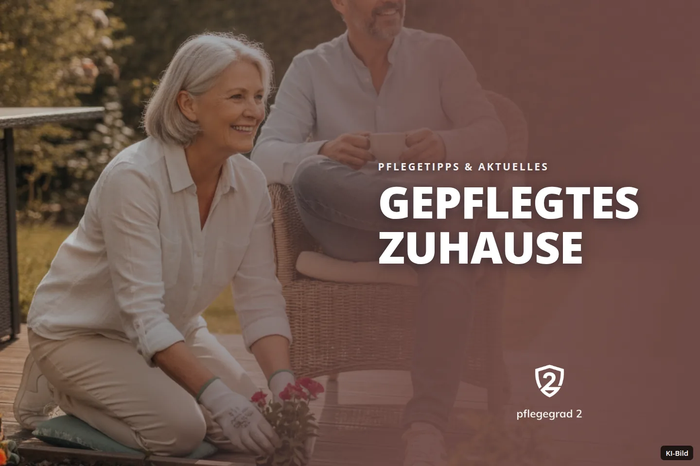 Eine Frau pflanzt Blumen, ein Mann entspannt mit Kaffee auf der Gartenterrasse.