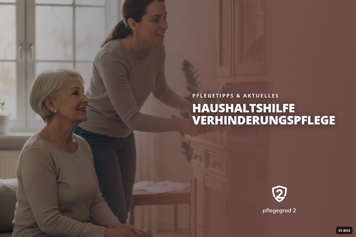 Zwei Frauen in einem Wohnzimmer: Die jüngere staubt Möbel ab, die ältere sitzt und schaut zu.