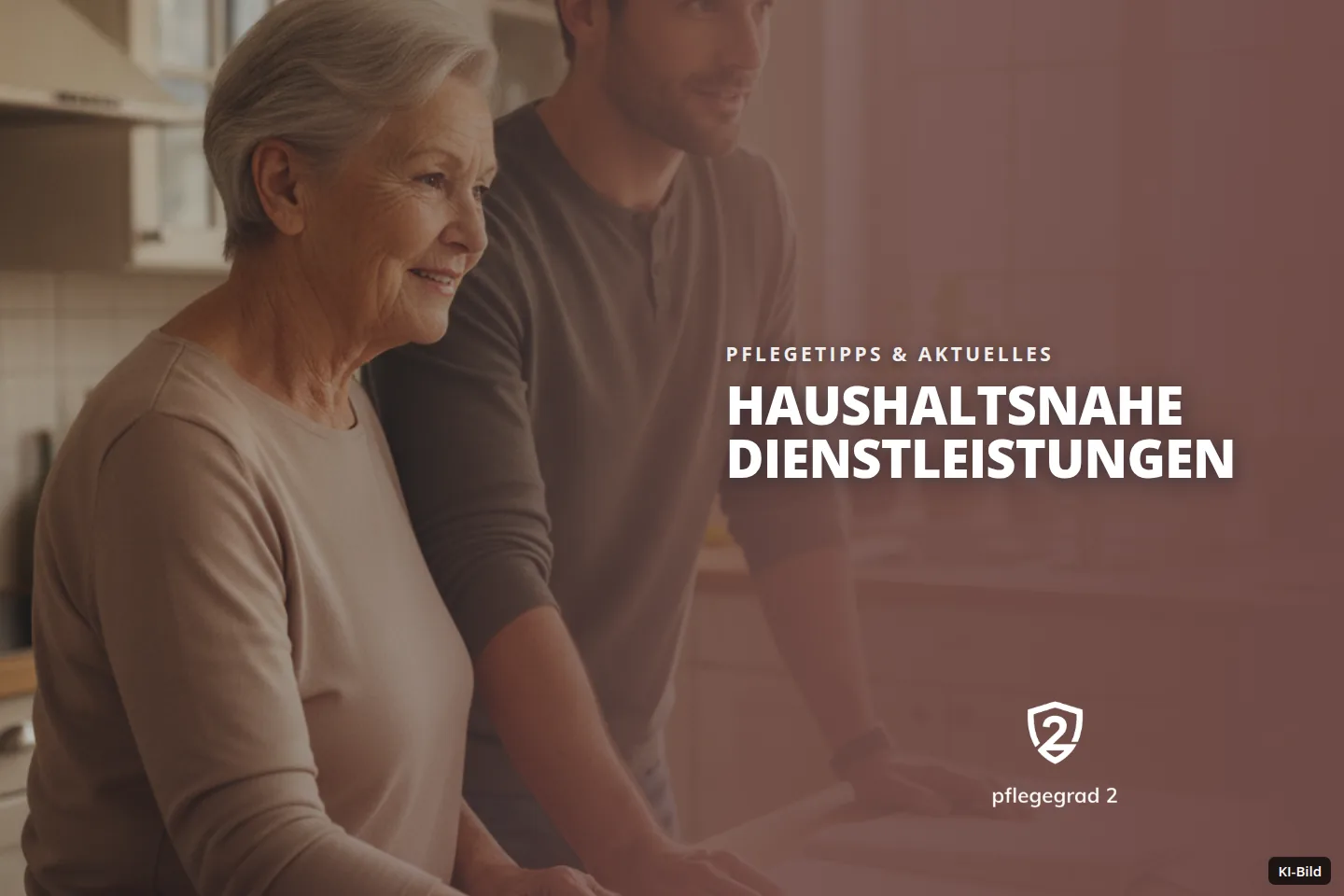 Eine ältere Frau wischt in einer hellen Küche einen Tisch, während ein Mann daneben steht.