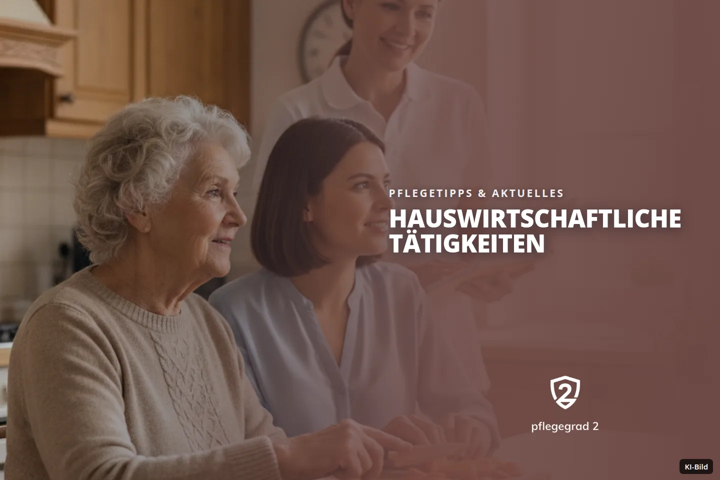 Drei Frauen in einer Küche, eine beim Karottenschneiden, eine mit Buch.