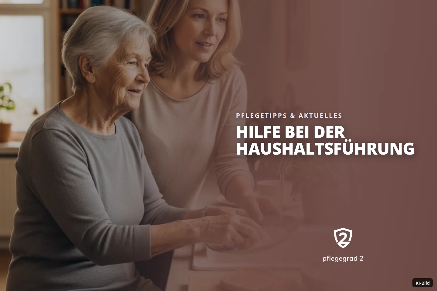 Eine ältere Frau spült Geschirr am Spülbecken, beobachtet von einer jüngeren Frau in der Küche.