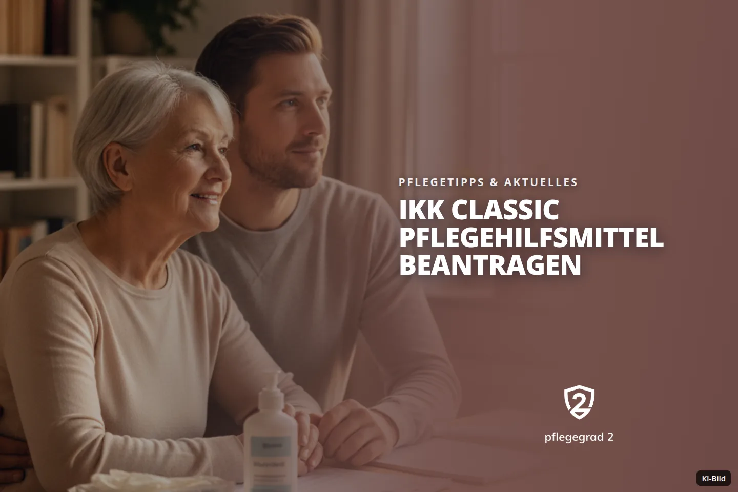 Eine ältere Frau und ein Mann sitzen am Tisch, schauen aus dem Fenster; Pflegeprodukte liegen bereit.