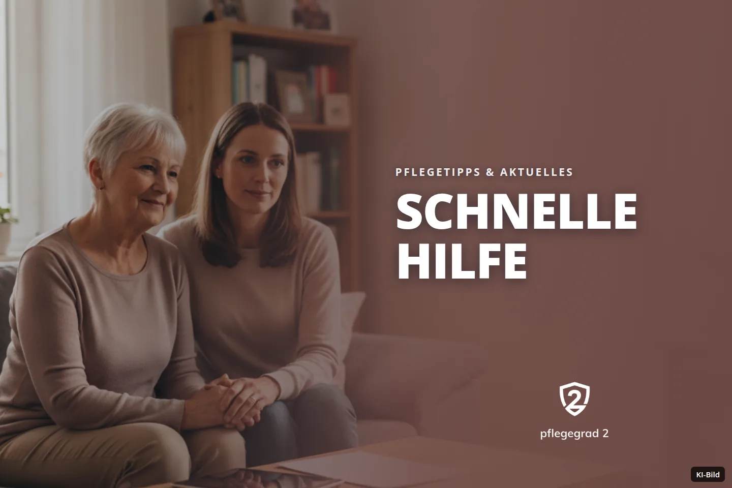 Eine ältere und eine jüngere Frau sitzen im Wohnzimmer, Dokumente liegen auf dem Tisch.