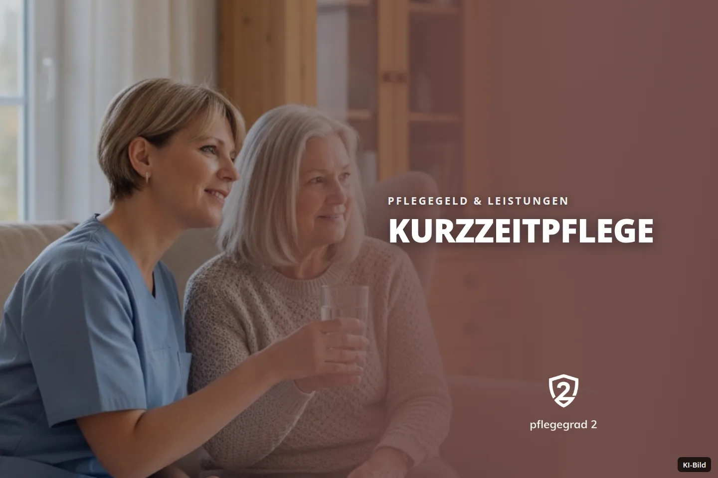 Eine Pflegekraft reicht einer älteren Frau im Wohnzimmer ein Glas Wasser.