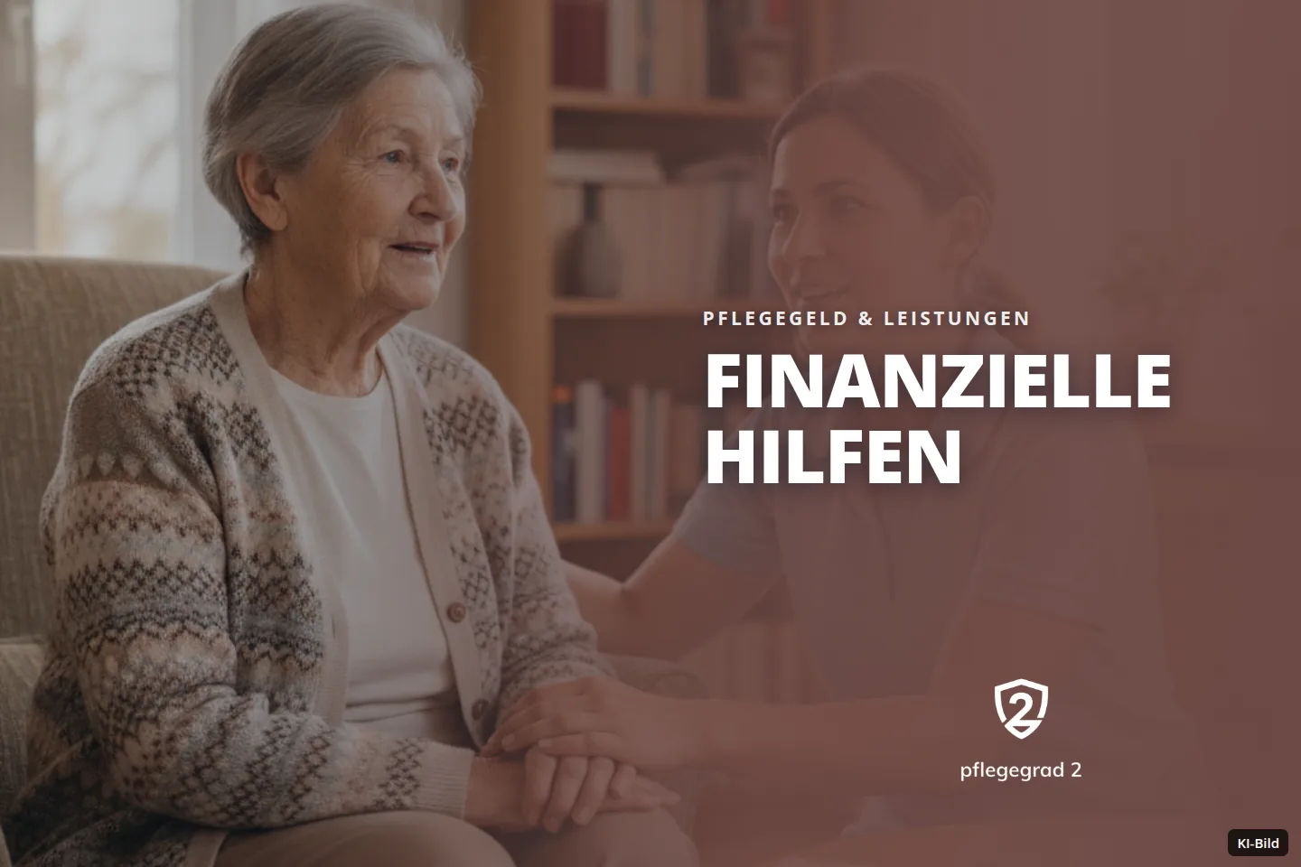 Eine Seniorin und eine Betreuerin sprechen im Wohnzimmer, die Betreuerin hält ihre Hand.