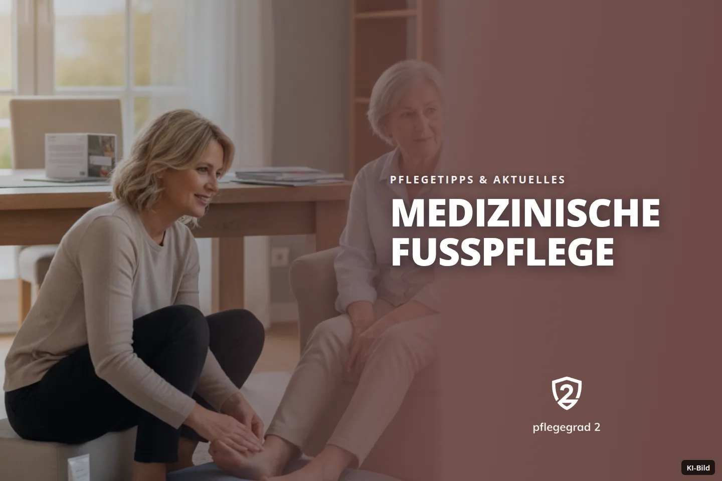 Eine jüngere Frau pflegt den Fuß einer älteren Frau in einem Wohnzimmer.
