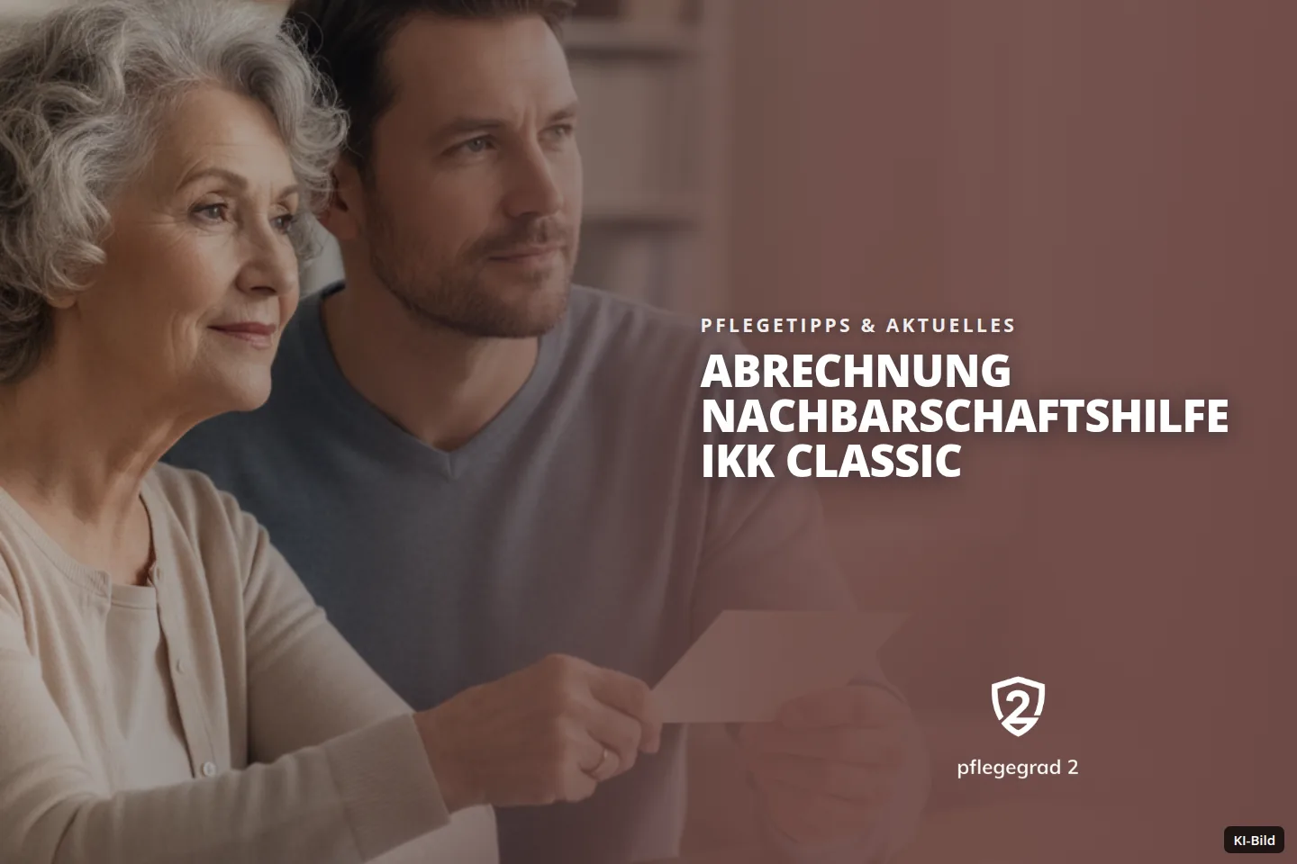 Eine ältere Frau und ein jüngerer Mann betrachten nachdenklich Papiere an einem Tisch.