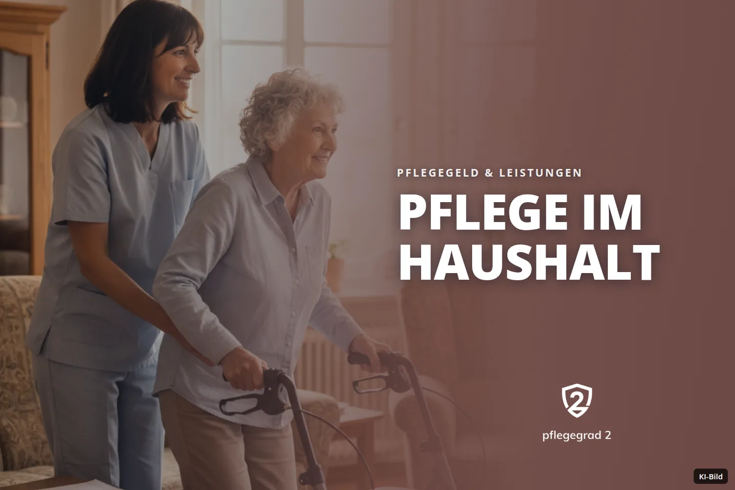 Eine Pflegekraft hilft einer älteren Frau mit Rollator beim Gehen in einem Wohnzimmer.