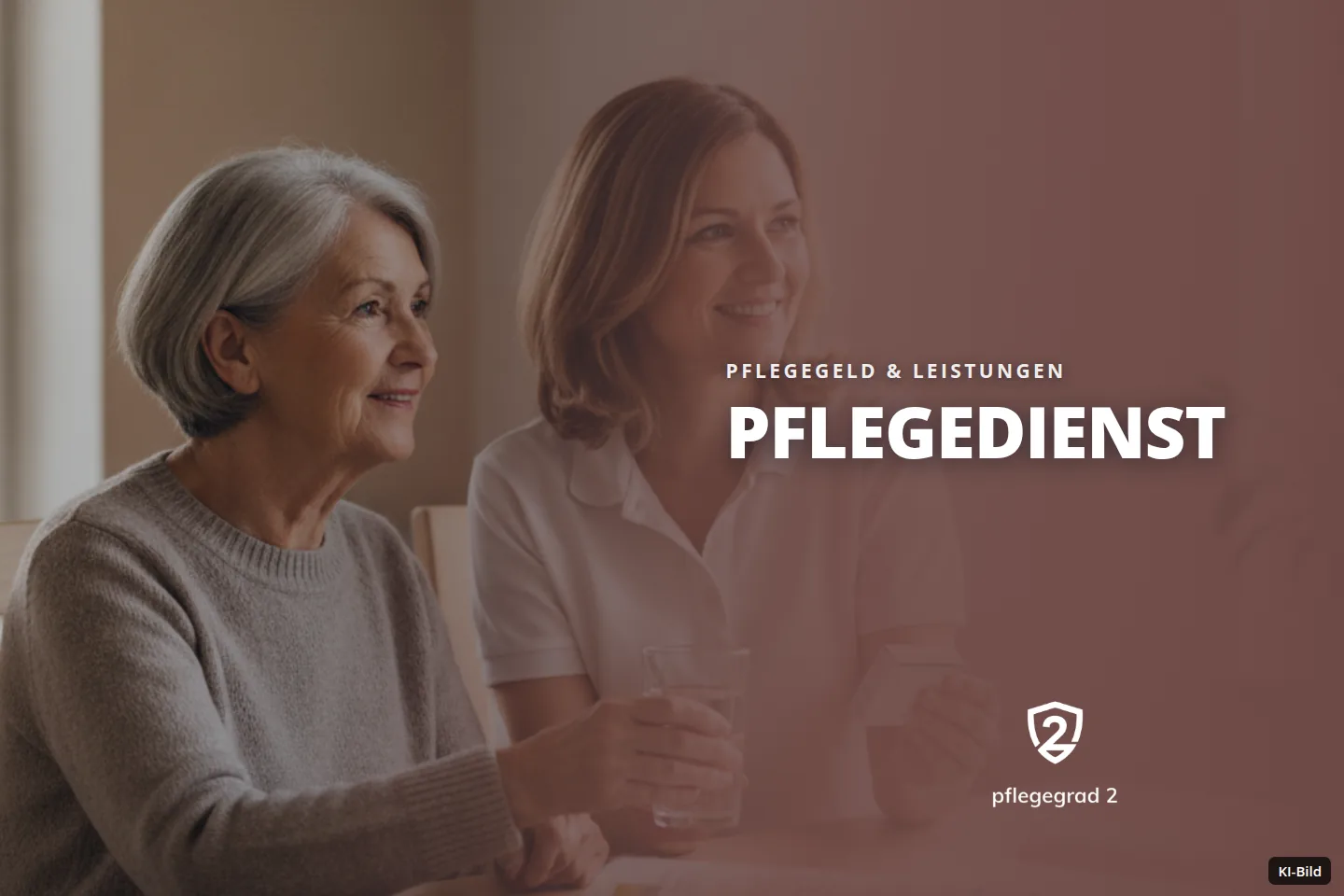 Zwei Frauen sitzen am Tisch; die jüngere hält Wasserglas und Medikamentenschachtel.