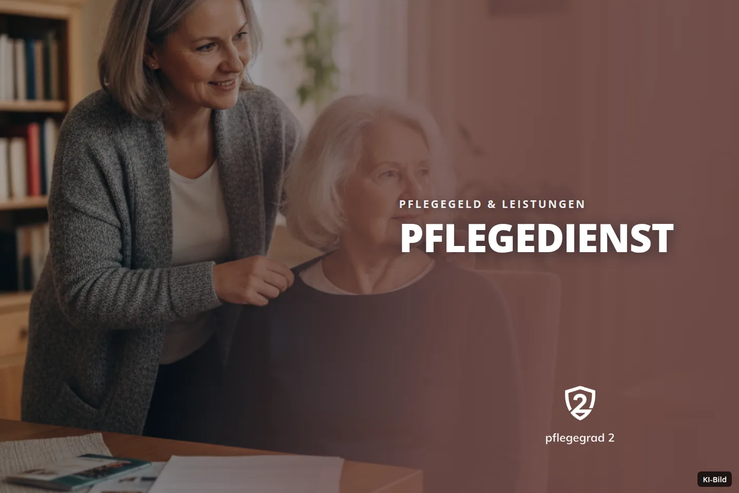 Zwei Frauen in einem Wohnzimmer; die jüngere berührt die Schulter der älteren, beide blicken zur Seite.