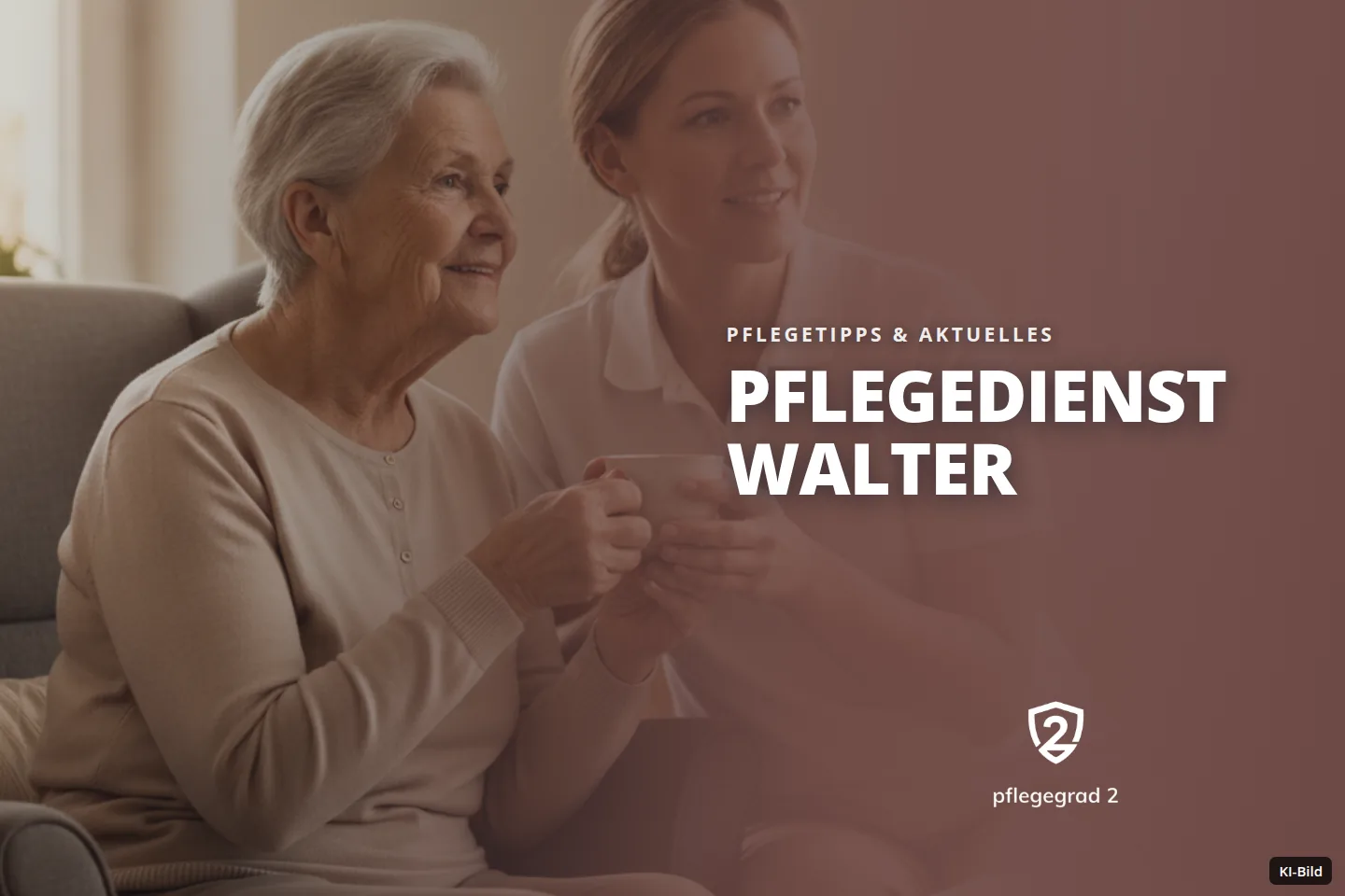 Eine Seniorin und eine Betreuerin halten lächelnd eine Tasse in einem Wohnzimmer.