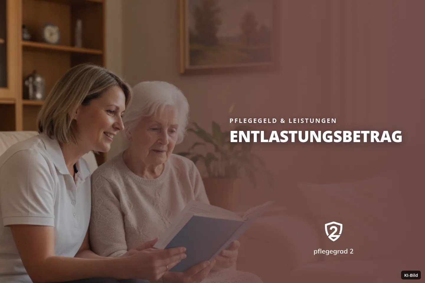 Eine Pflegerin und eine Seniorin lesen gemeinsam ein Buch in einem Wohnzimmer.