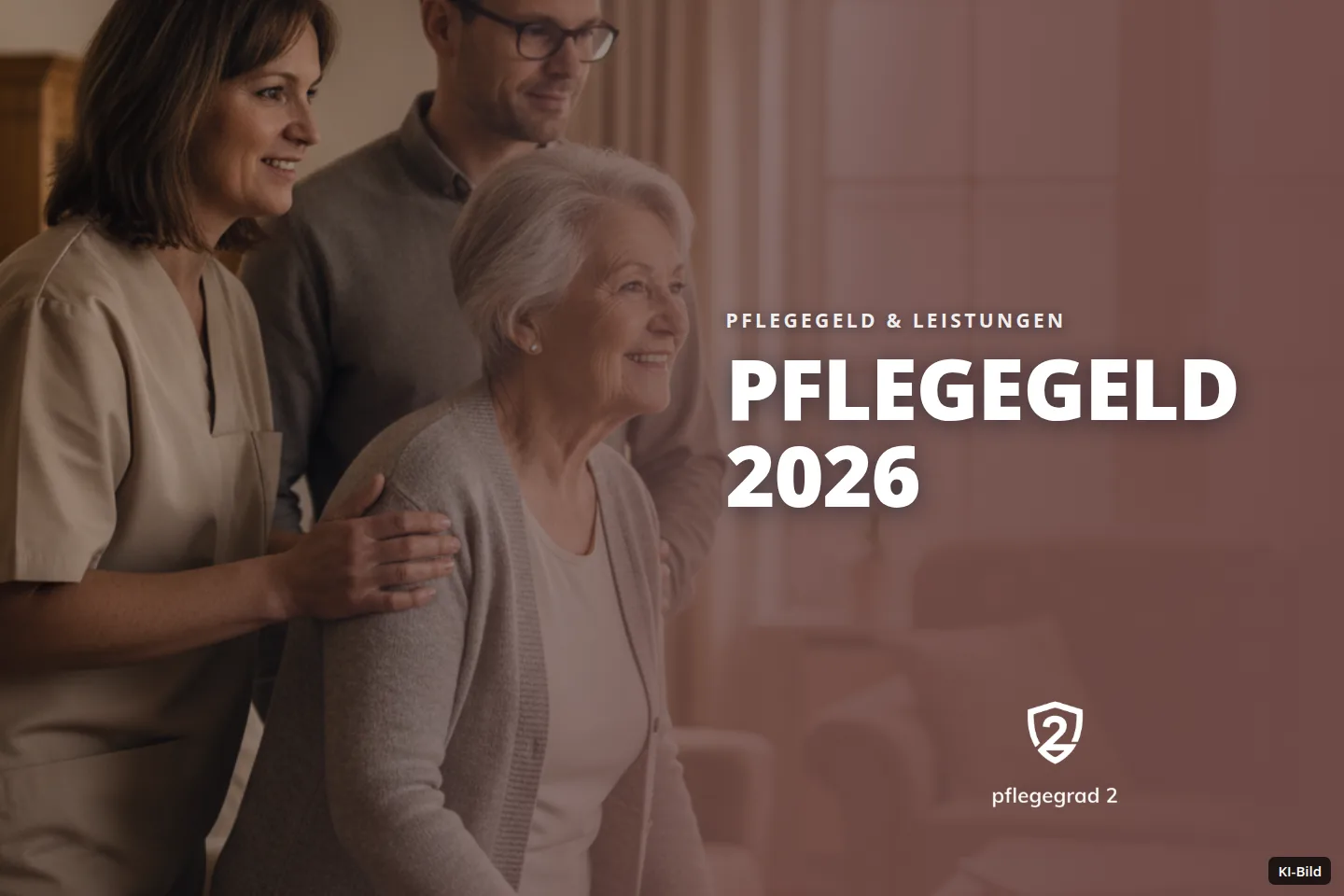 Pflegekraft und Mann unterstützen lächelnde Seniorin beim Stehen in einem Wohnzimmer.