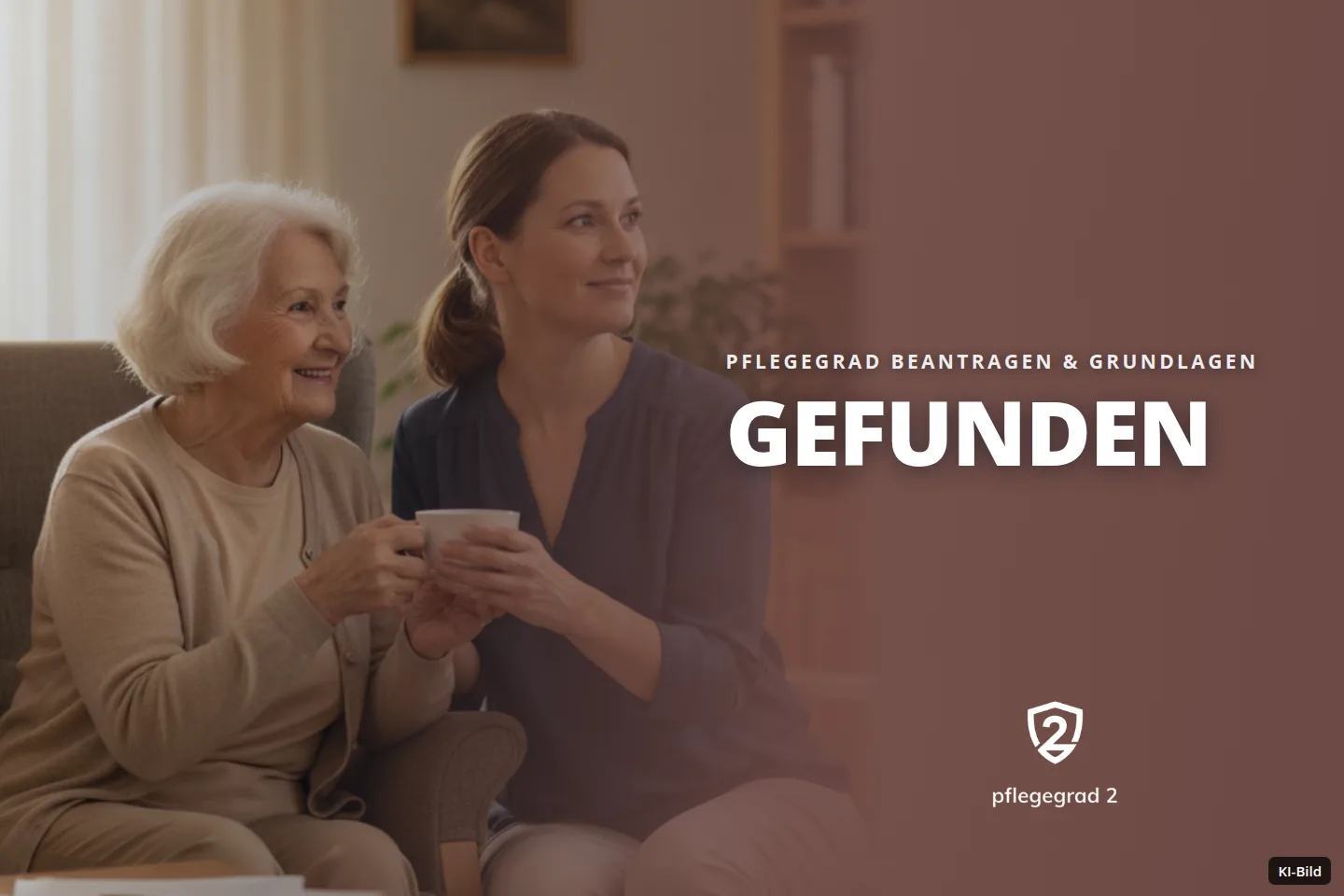 Zwei Frauen trinken lächelnd Kaffee in einem gemütlichen Wohnzimmer.