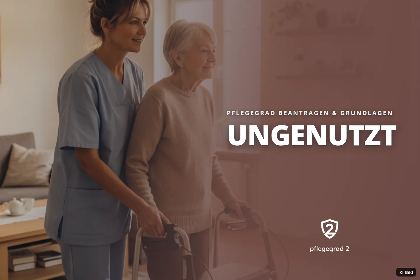 Eine Pflegerin begleitet eine Seniorin, die mit einem Rollator in einem hellen Wohnraum geht.