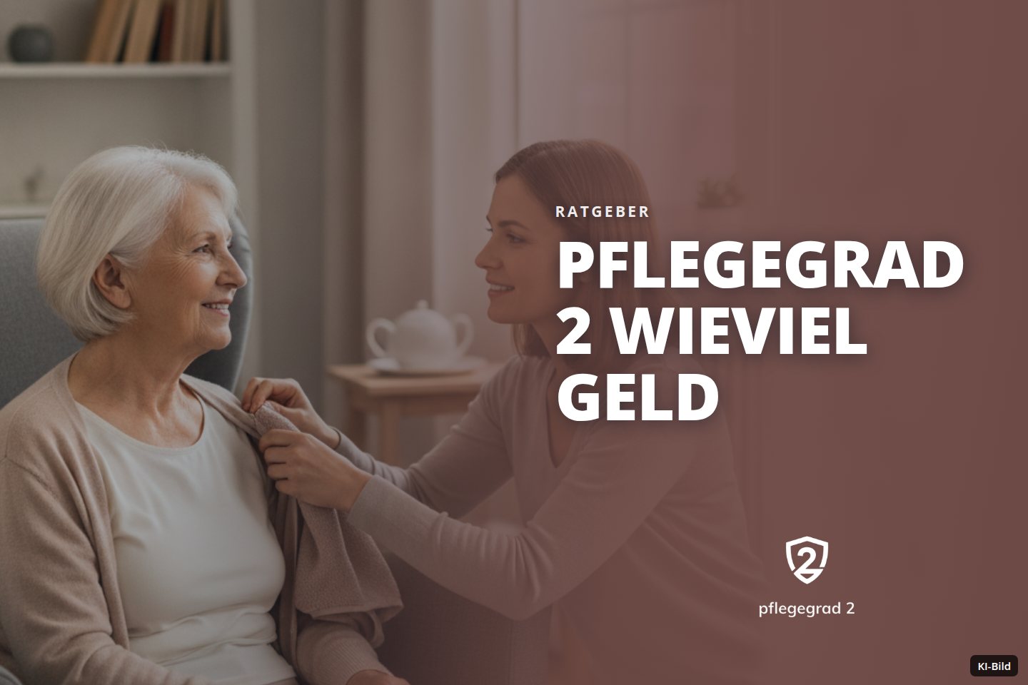 Eine jüngere Frau hilft einer älteren Frau beim Anziehen in einem Wohnzimmer.