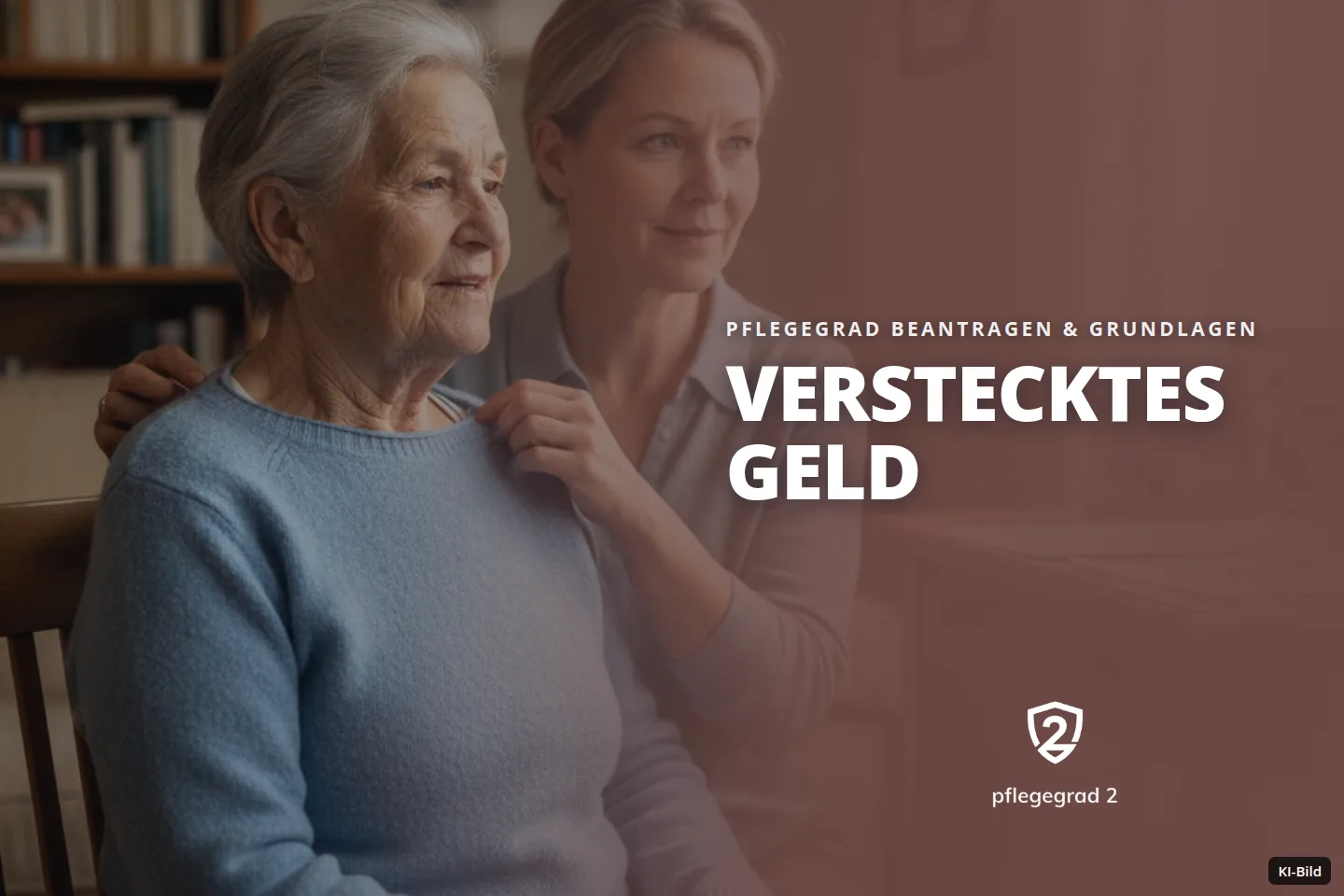 Eine jüngere Frau kümmert sich um eine ältere Frau in einem Wohnzimmer.