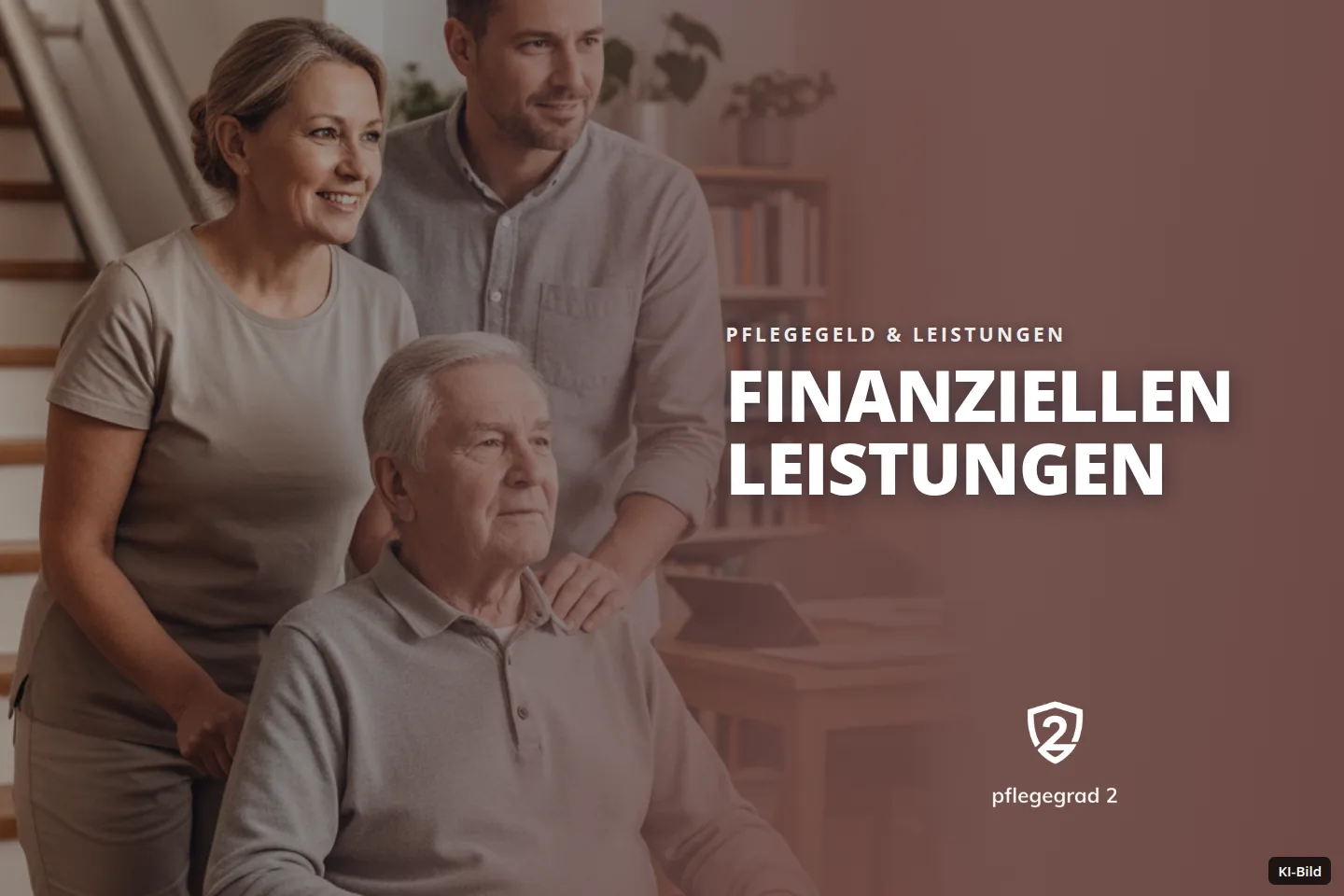 Ein alter Mann im Rollstuhl schaut mit einer Frau und einem jungen Mann in einem Wohnzimmer.