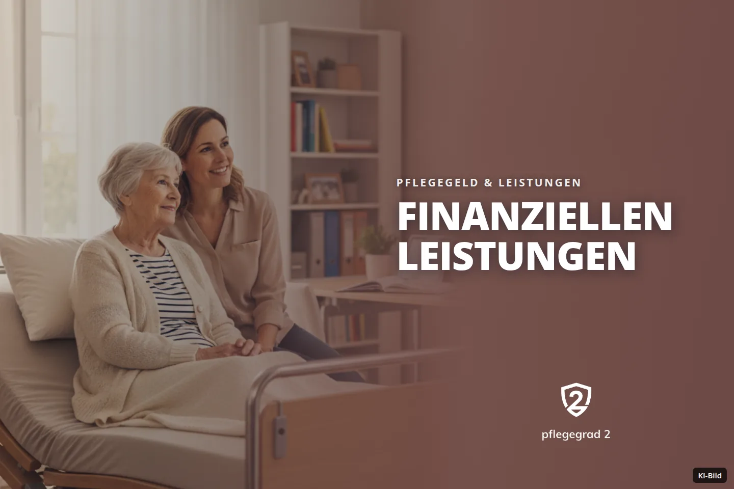 Eine ältere und eine jüngere Frau sitzen lächelnd auf einem Pflegebett in einem Zimmer mit Schreibtisch und Regal.