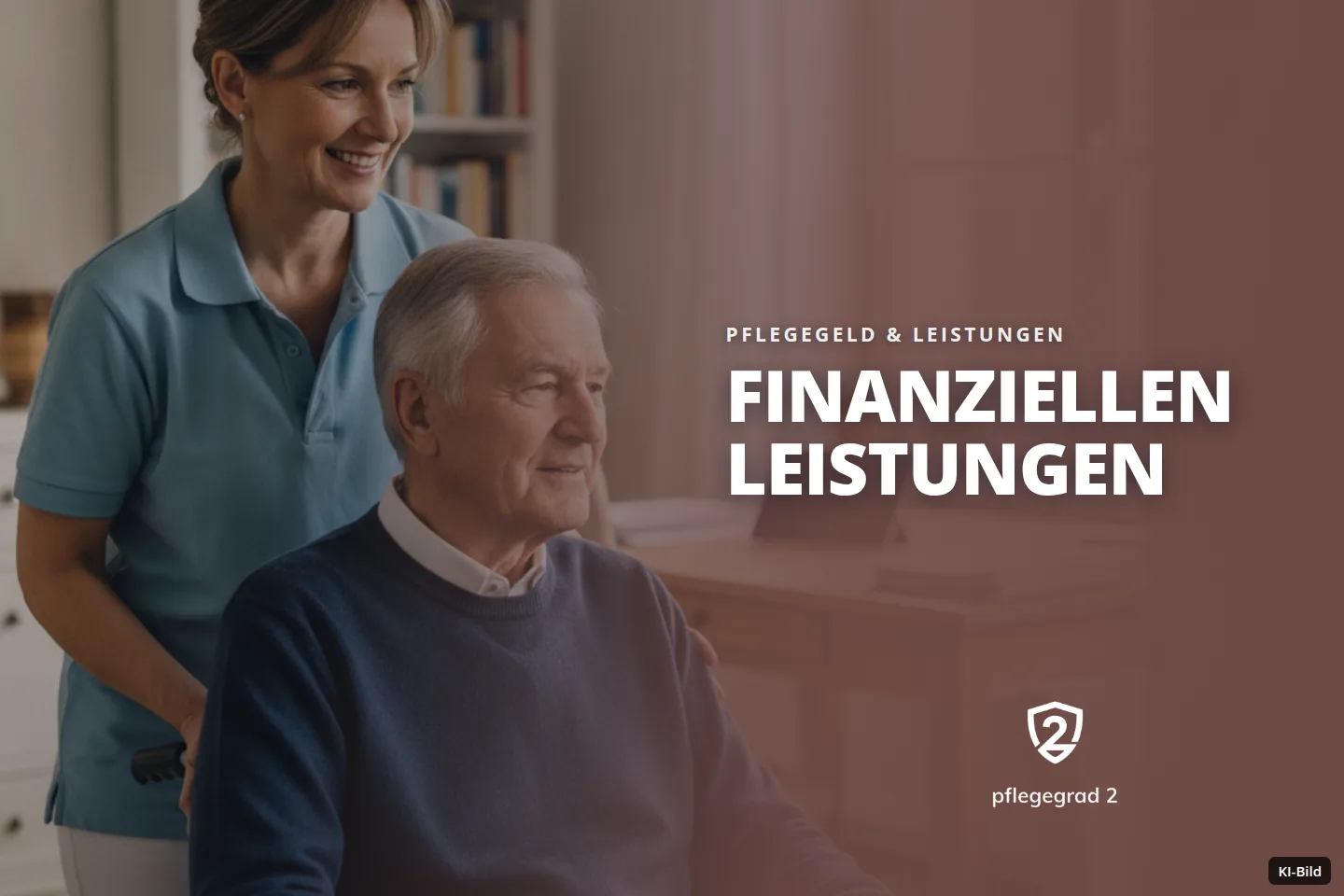 Eine Pflegerin schiebt einen älteren Mann im Rollstuhl in einem hellen Wohnzimmer.