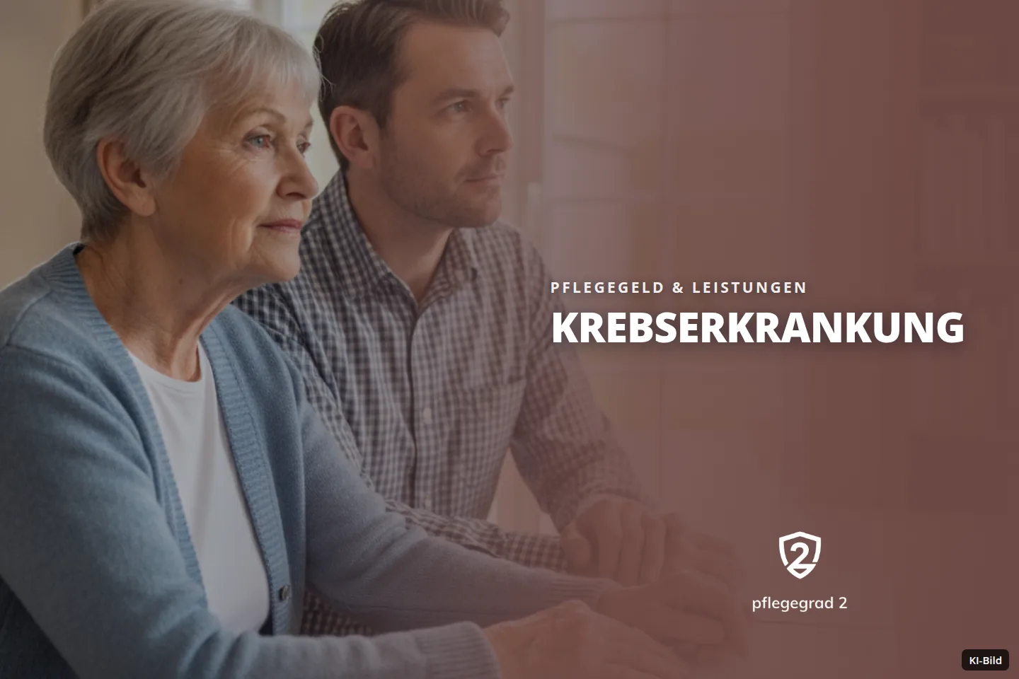 Ältere Frau und jüngerer Mann sitzen am Tisch, schauen zur Seite, halten Hände, mit Dokumenten.