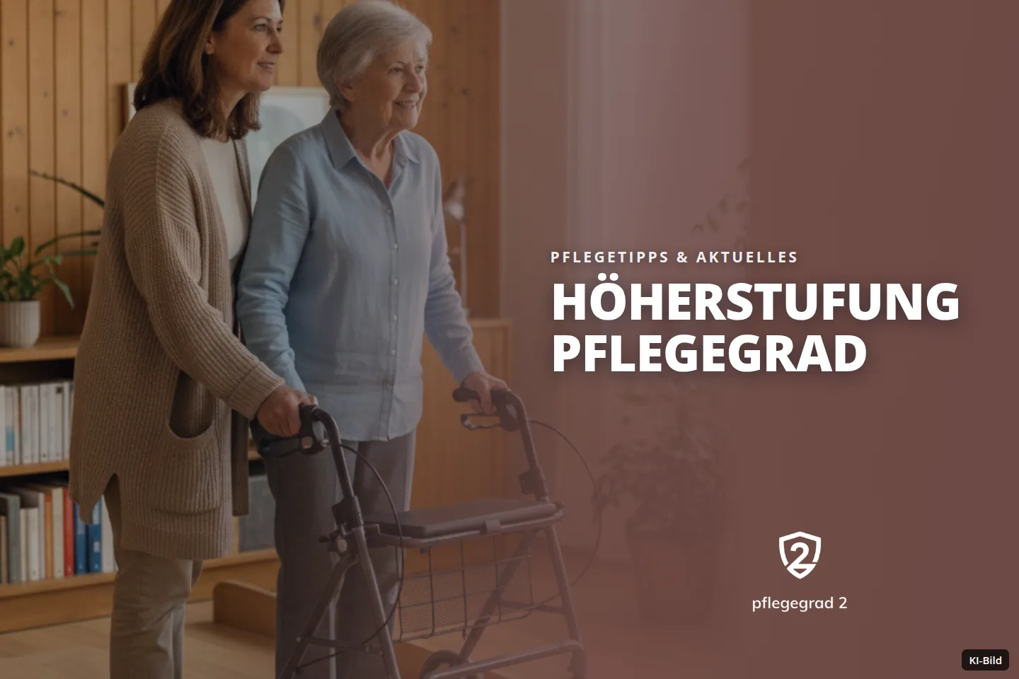 Eine jüngere Frau hilft einer älteren Frau mit Rollator, eine Rampe in einem hellen Raum zu überwinden.