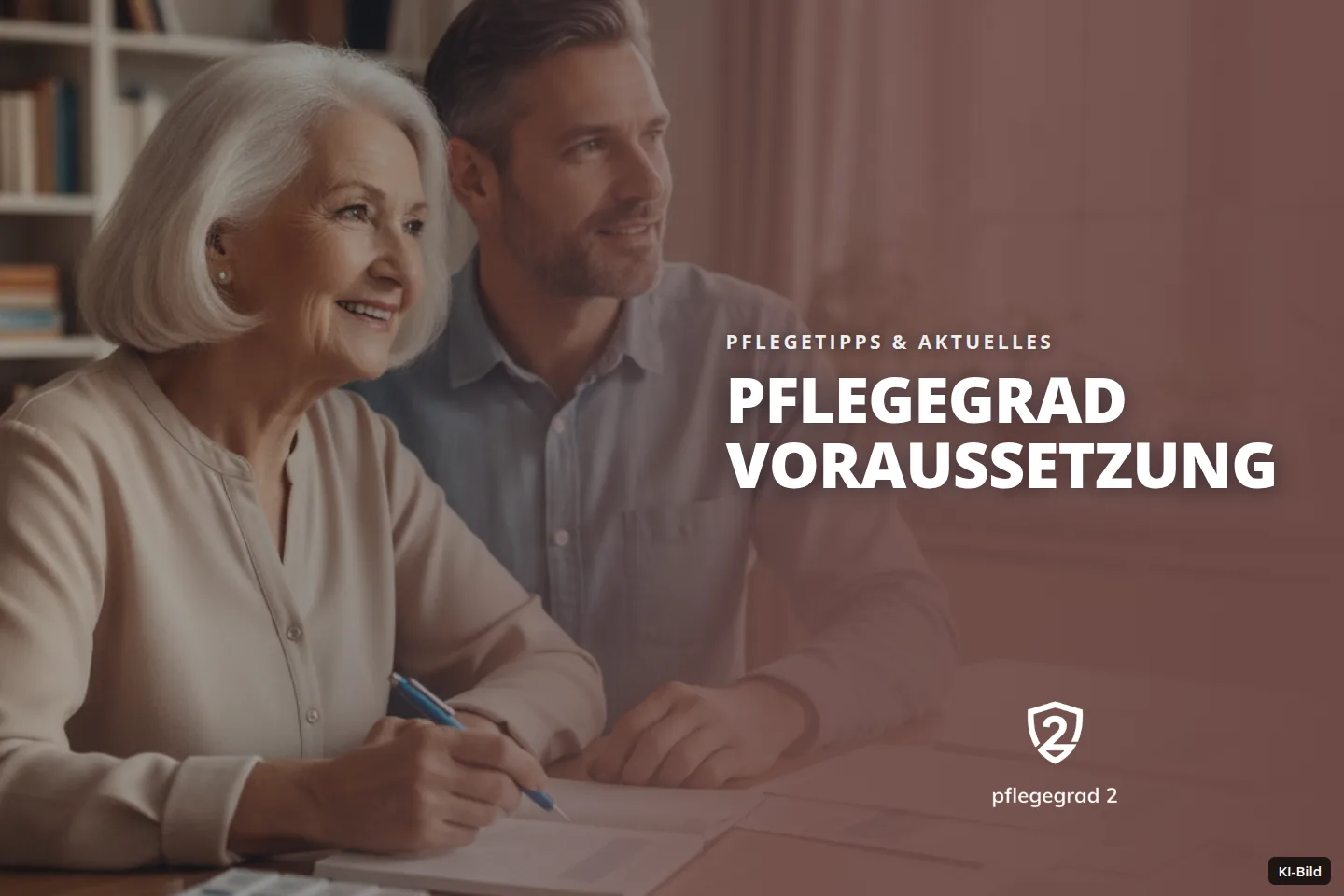 Eine ältere Frau und ein Mann sitzen an einem Tisch, die Frau schreibt, während beide lächelnd zur Seite blicken.