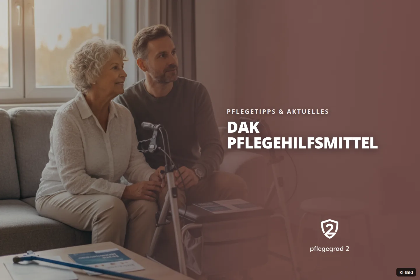Eine ältere Frau und ein Mann sitzen im Wohnzimmer auf einem Sofa, blicken nach rechts; ein Rollator steht daneben.