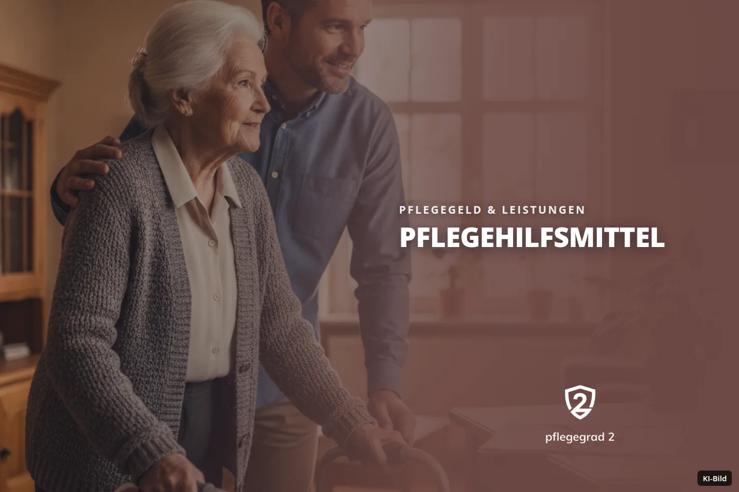 Ein Mann unterstützt eine ältere Frau, die mit einem Rollator in einem Wohnzimmer geht.