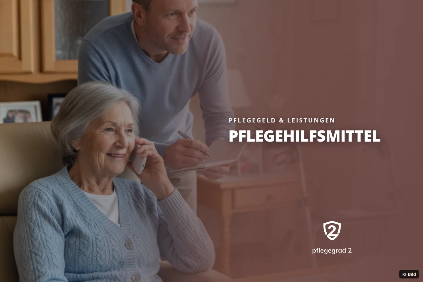 Eine Seniorin telefoniert lächelnd, während ein Mann im häuslichen Umfeld Notizen macht.