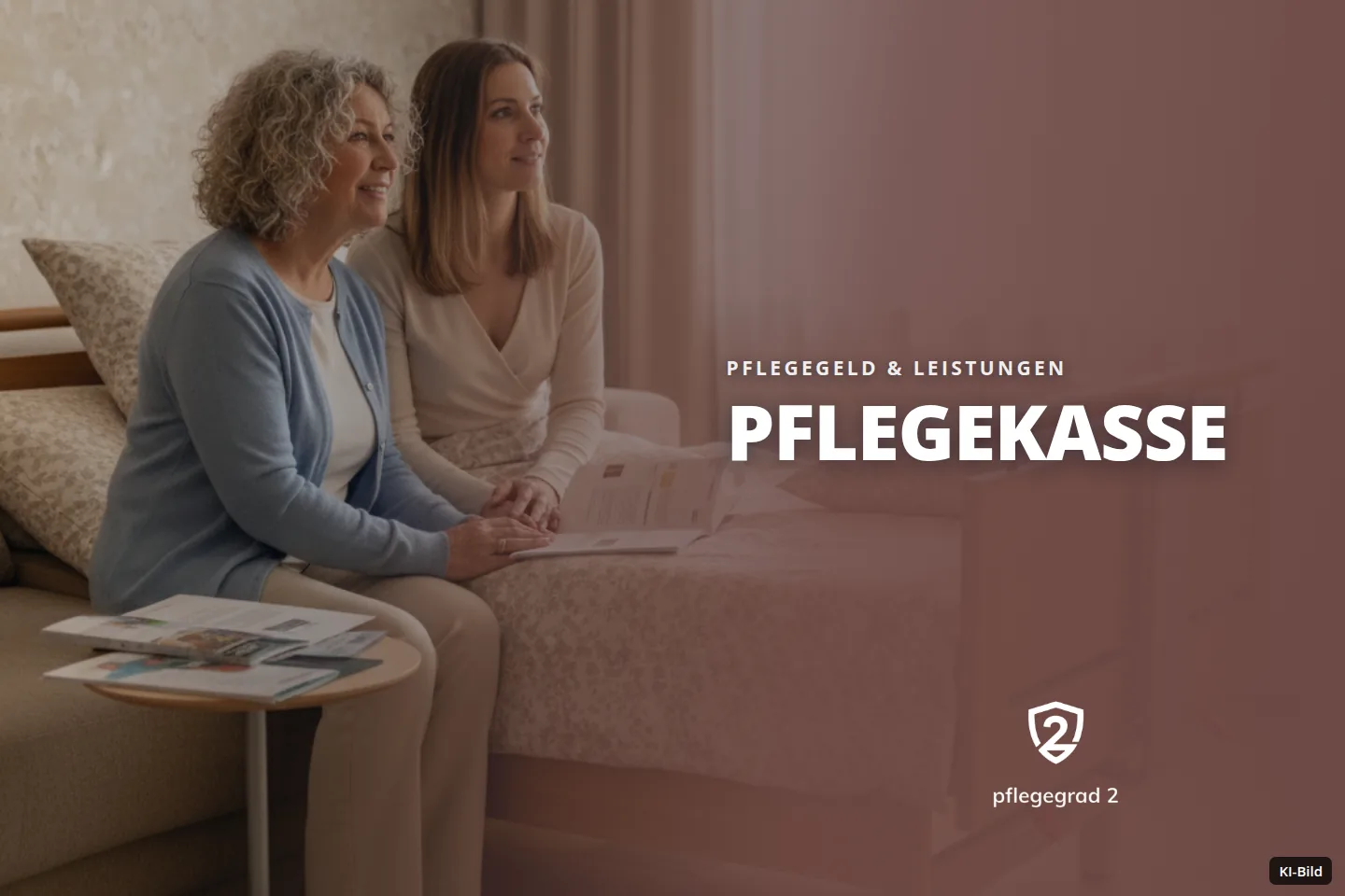 Zwei Frauen betrachten in einem Zimmer mit Pflegebett eine Broschüre.