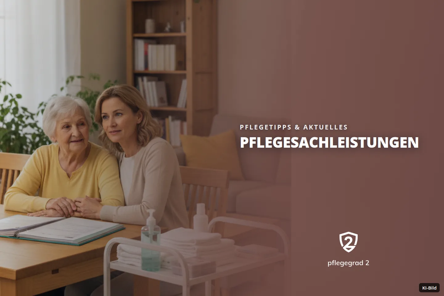 Eine ältere und eine jüngere Frau sitzen im Wohnzimmer an einem Tisch mit Dokumenten, daneben ein Pflegewagen.