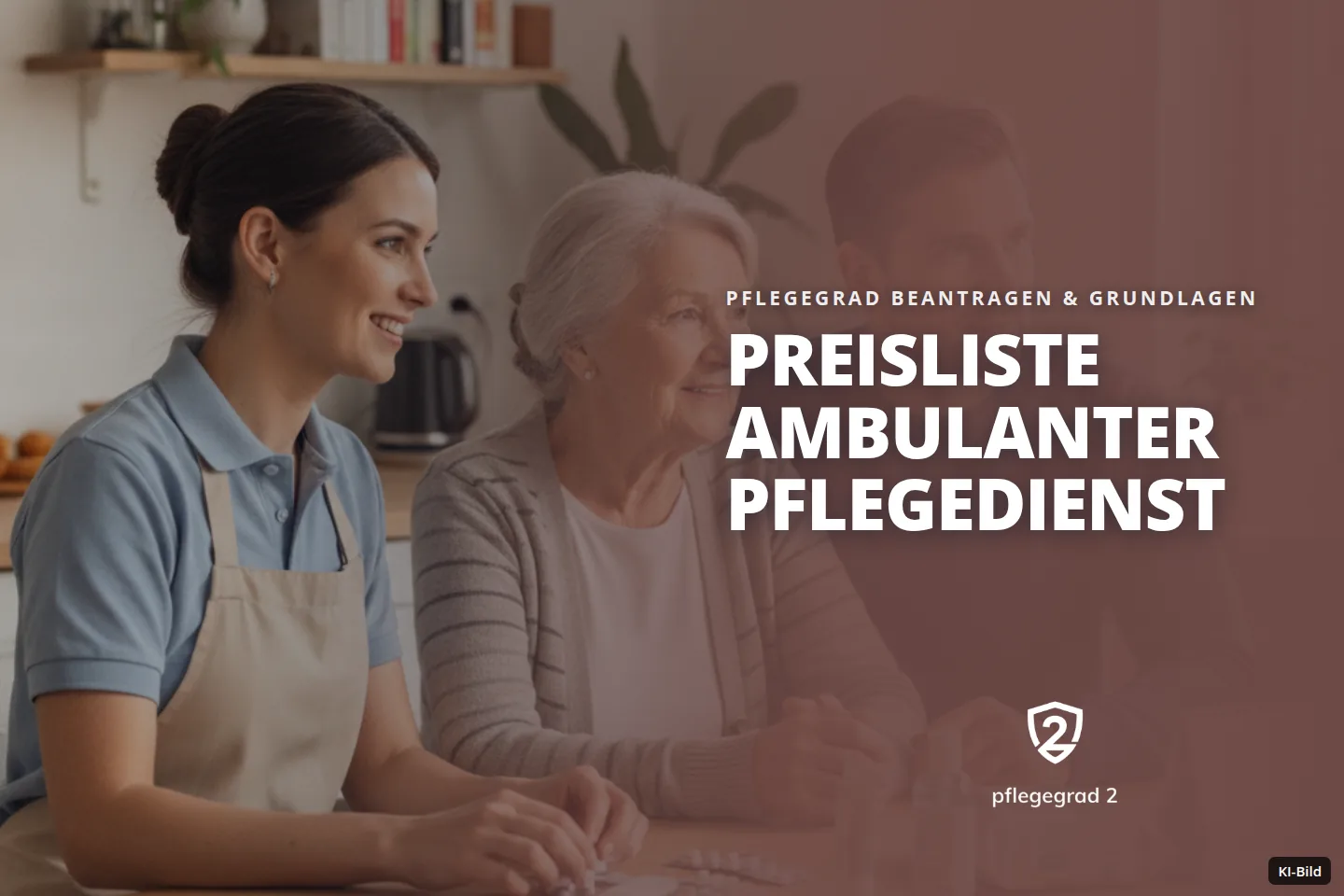 Eine Pflegerin, eine Seniorin und ein Mann sitzen an einem Tisch mit Medikamenten und schauen zur Seite.
