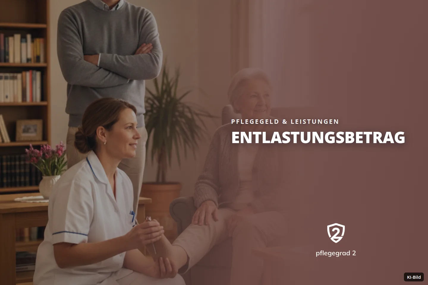 Eine Pflegerin untersucht im Wohnzimmer den Fuß einer älteren Frau, während ein Mann zusieht.