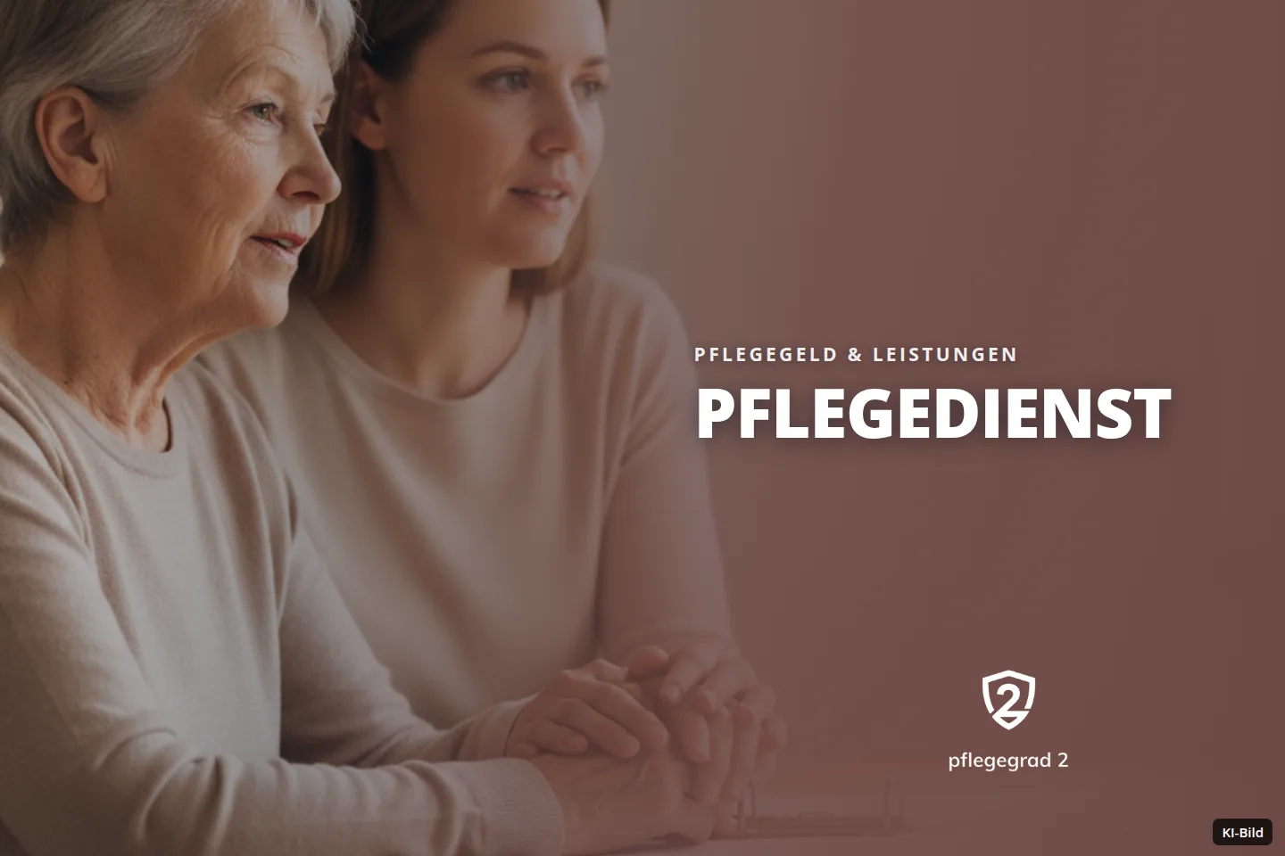 Zwei Frauen sitzen an einem Holztisch, halten Hände und blicken nach rechts, mit Dokumenten.