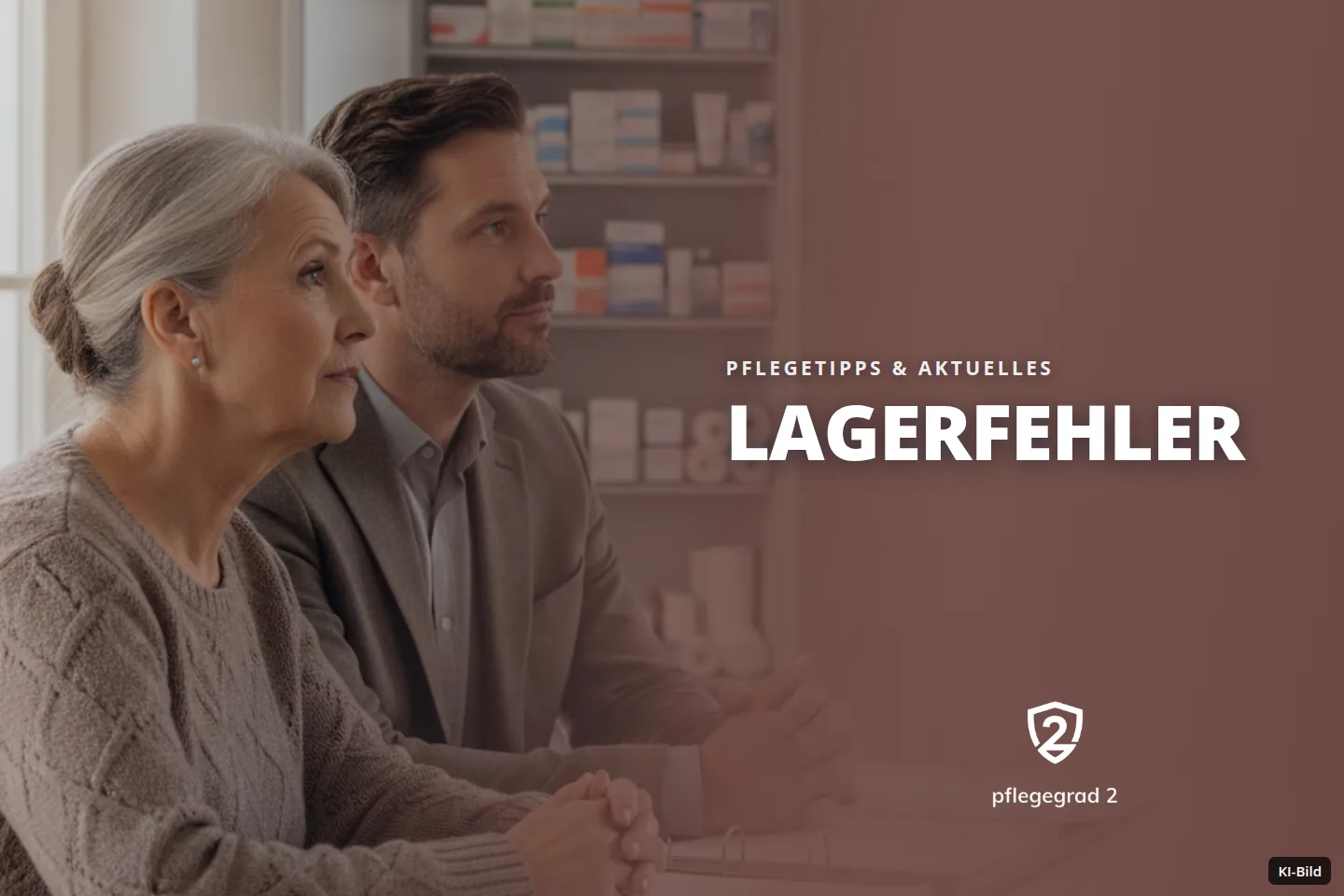 Eine ältere Frau und ein Mann sitzen an einem Tisch mit Dokumenten vor einem Medikamentenregal.