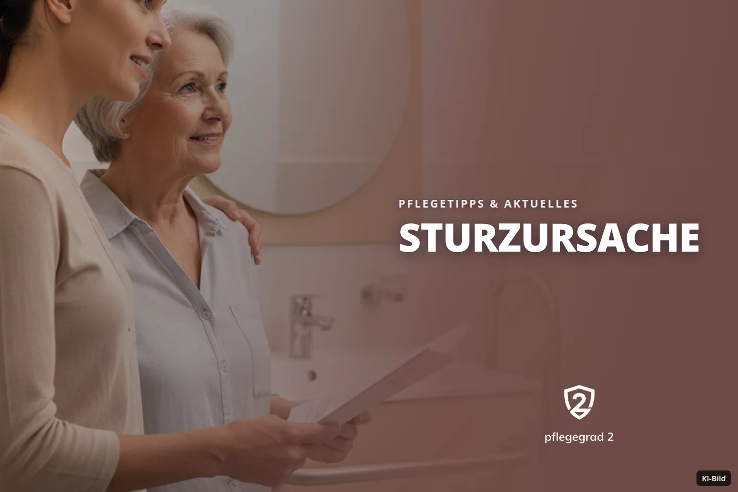 Zwei Frauen stehen im Badezimmer mit Haltegriffen, schauen zur Seite und halten ein Dokument.