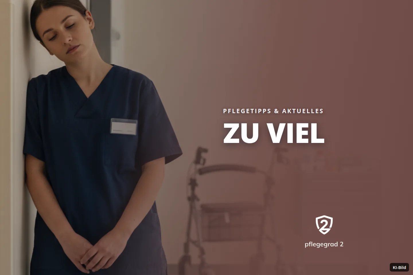 Müde Pflegekraft lehnt schlafend an Wand im Krankenhausflur mit medizinischem Gerät.